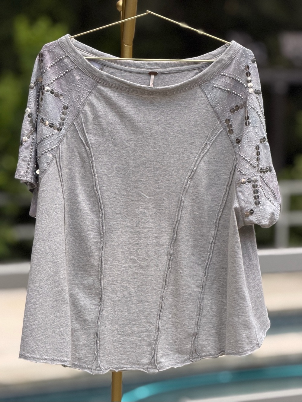 Free People Light Gray Embellished Short Sleeve Tee